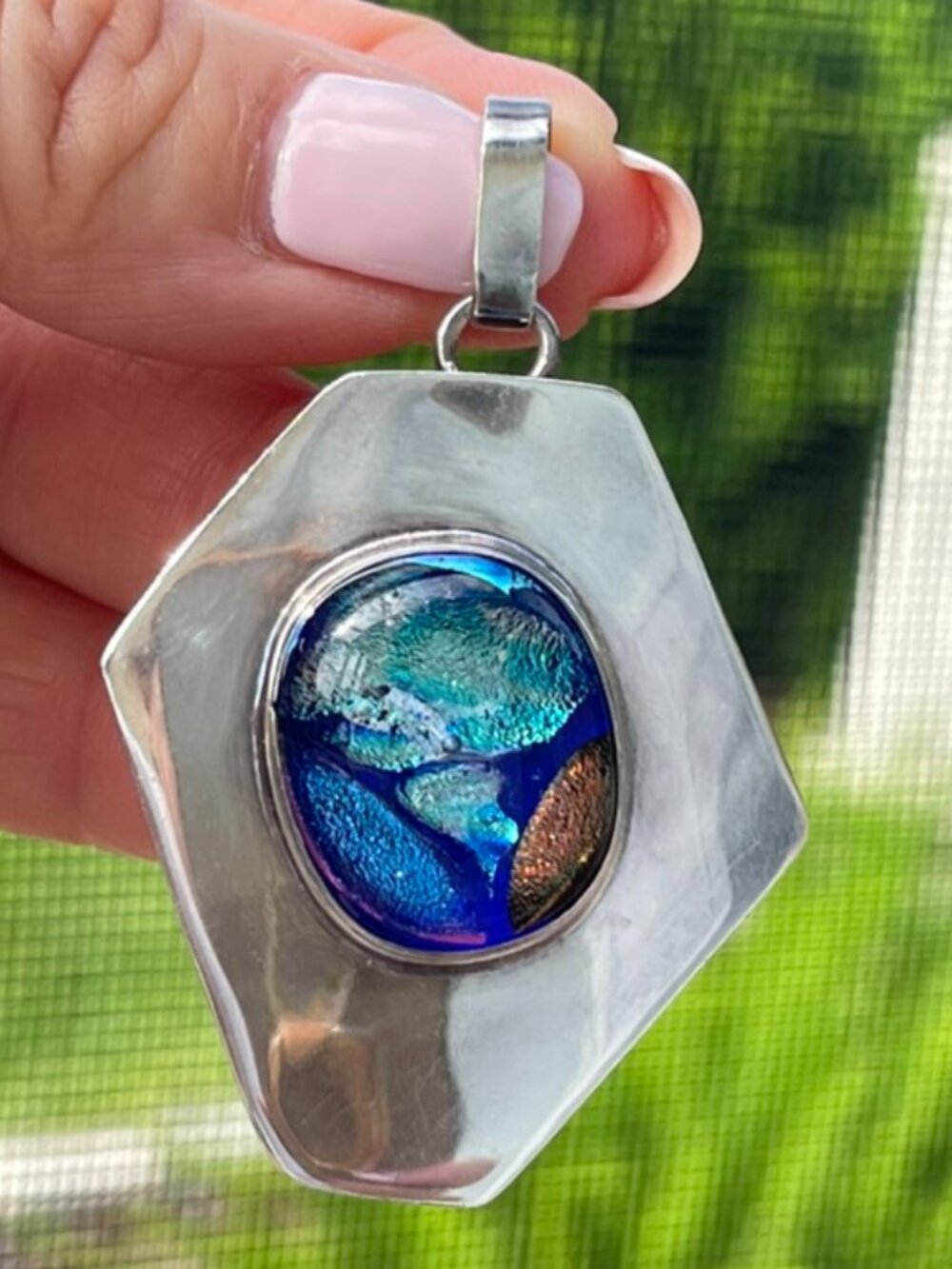 Sterling Silver 925 Dichroic Glass Pendant Y2K Statement Necklace - Picture 3 of 7